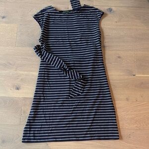 L.L. Bean Black and Gray Asymmetrical Ruffled Sheath Dress